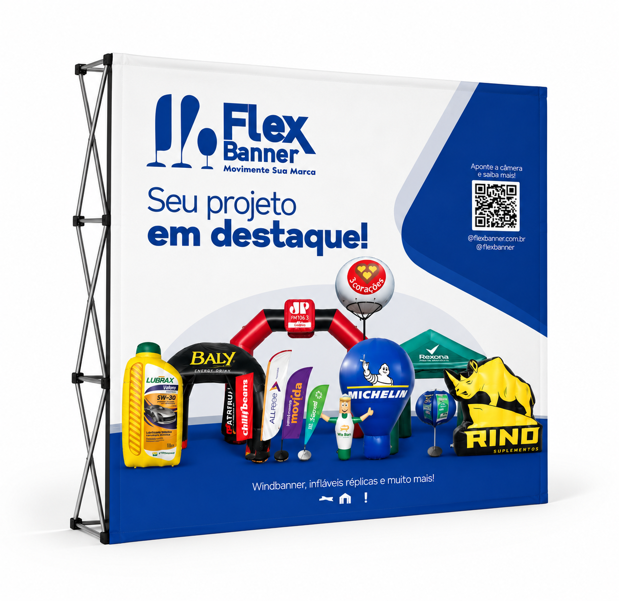 Backdrop retrátil FlexBanner 2,30 x 2,30 m com estrutura pantográfica em alumínio e tecido Oxford personalizado
